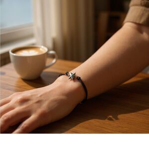 Fossil Black Leather Star Bracelet Silver-Tone Magnetic Clasp Unisex